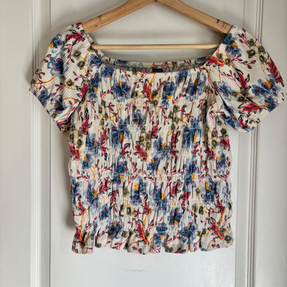 Old Navy Womens Smocked Garden Floral Top Square Neck Short Sleeve White Large